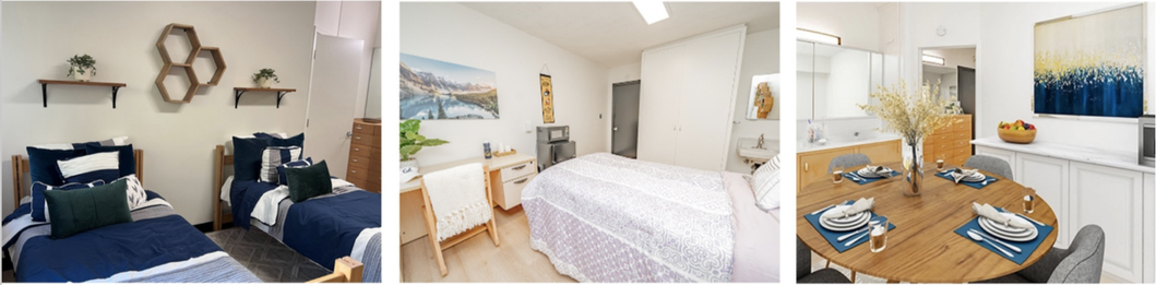 Dormitory room interiors at Golden Gateway campus