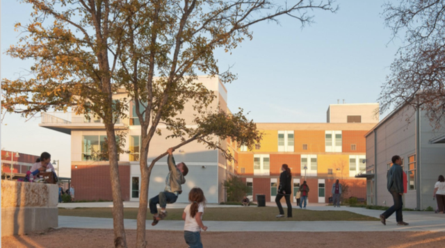 Plaza courtyard with landscaped walkways on campus